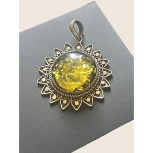 ☀️ VTG GREEN AMBER STERLING SILVER STAMPED 925 STATEMENT PENDANT NECKLACE SUN